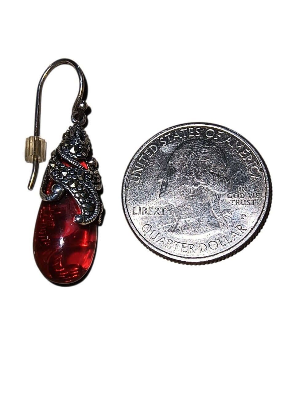 Sterling Silver, Ruby Red Glass & Marcasite Exotic Teardrop Earrings - Picture 4 of 10